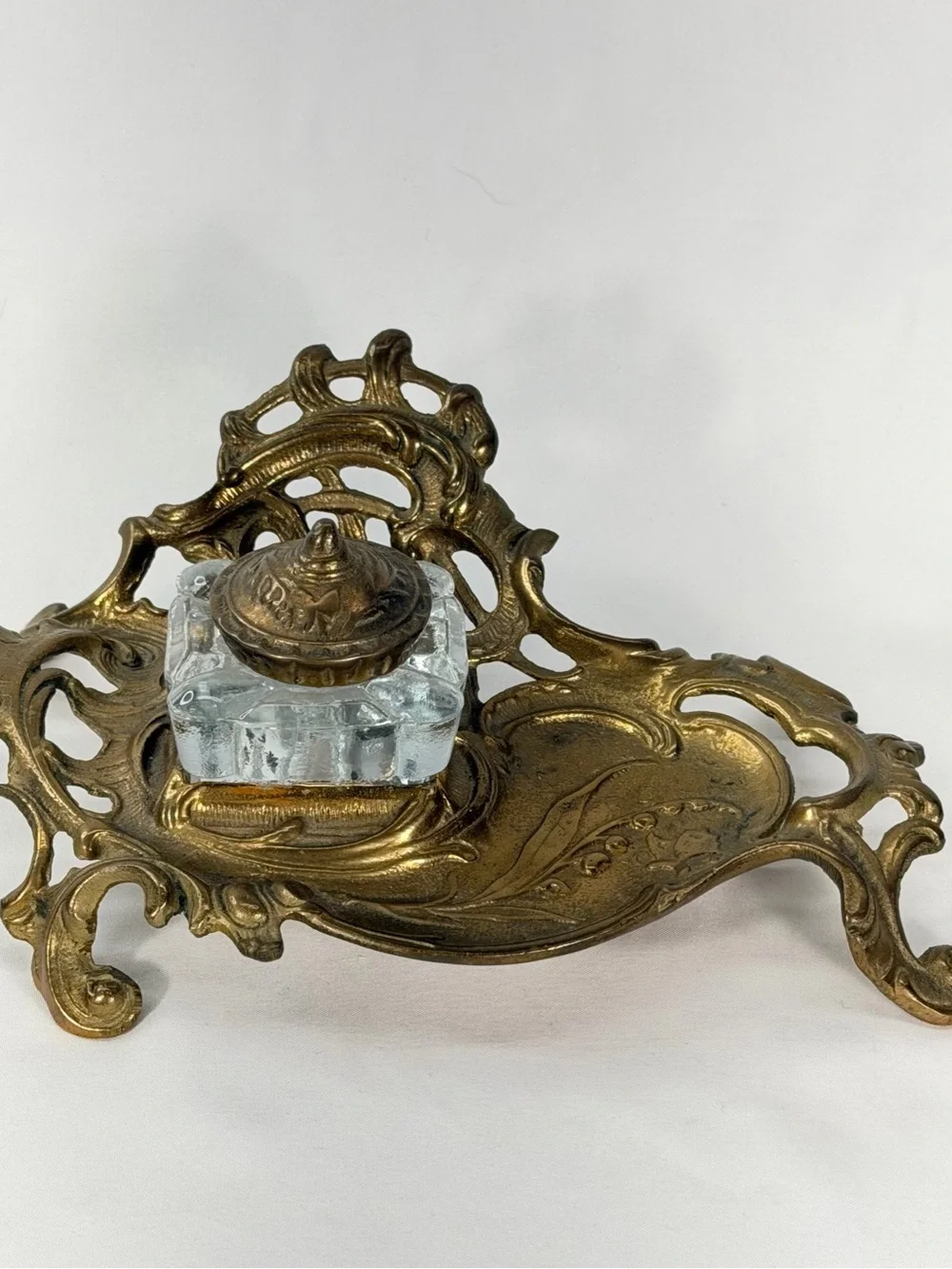 Source Unknown Ornate Brass-Finish Inkwell with Clear Glass Pot